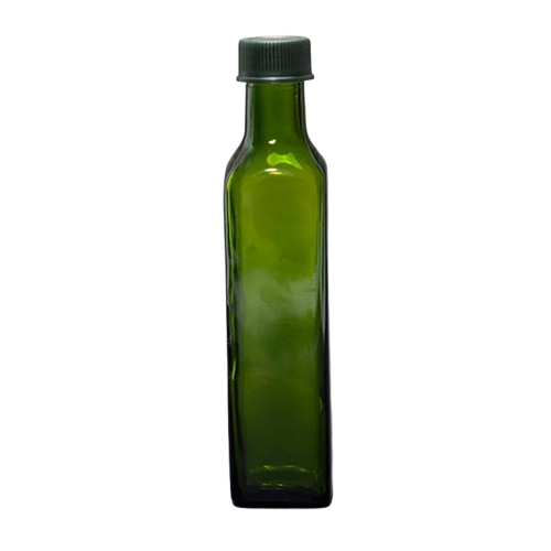 Botella de Vidrio Verde Cuadrada 250ml con Tapa Plástica