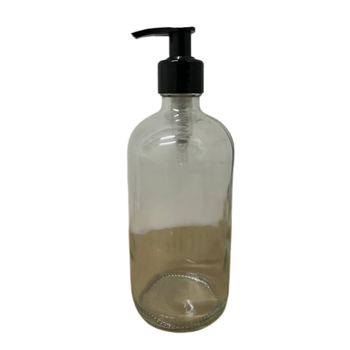 Botella de Vidrio Redonda Transparente 500ml con Bomba Dosificadora Negra