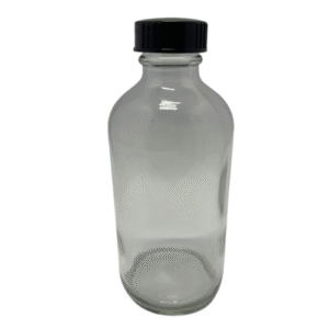 Botella de Vidrio Redonda Transparente 250ml con Tapa Negra